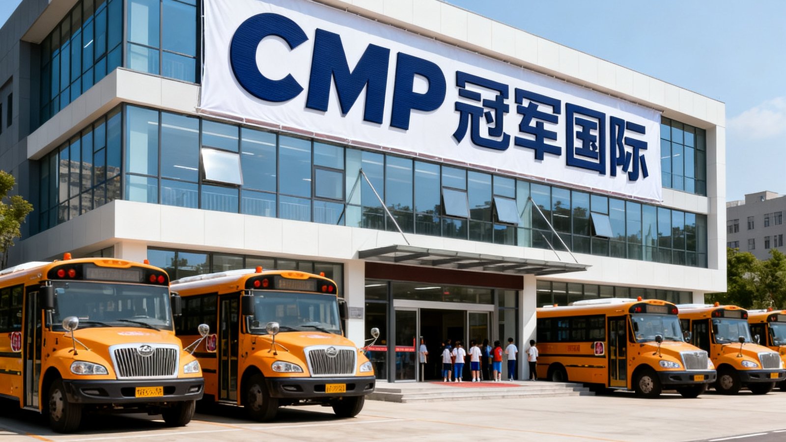 CMP冠军国际北京总部训练中心外观，现代化的三层建筑，外立面悬挂着巨大的品牌标识，门口停放多辆校车接送学员