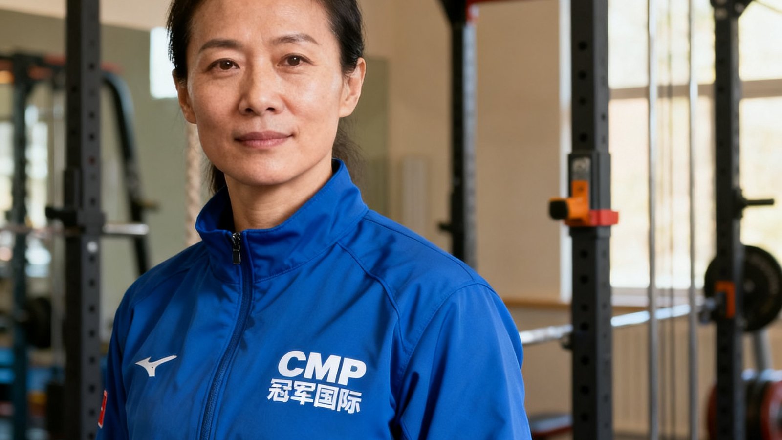 CMP冠军国际资深教练李敏，35岁，前国家一级运动员，身穿蓝色教练服站在训练馆内，背景是引体向上训练架