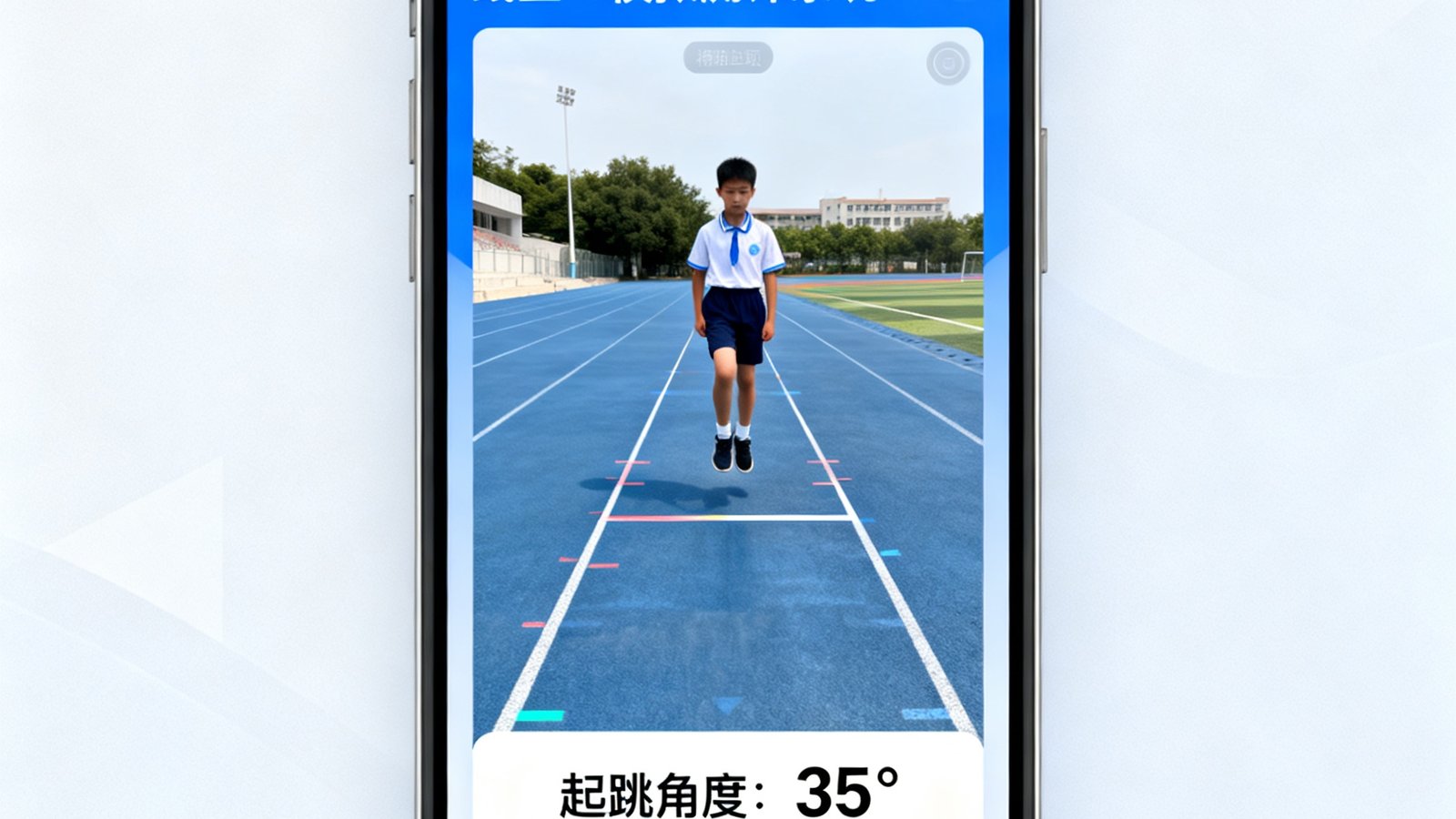 CMP冠军国际自主研发的线上AI模拟测评系统界面，学生正通过手机摄像头进行立定跳远动作采集，屏幕实时显示起跳角度和距离数据