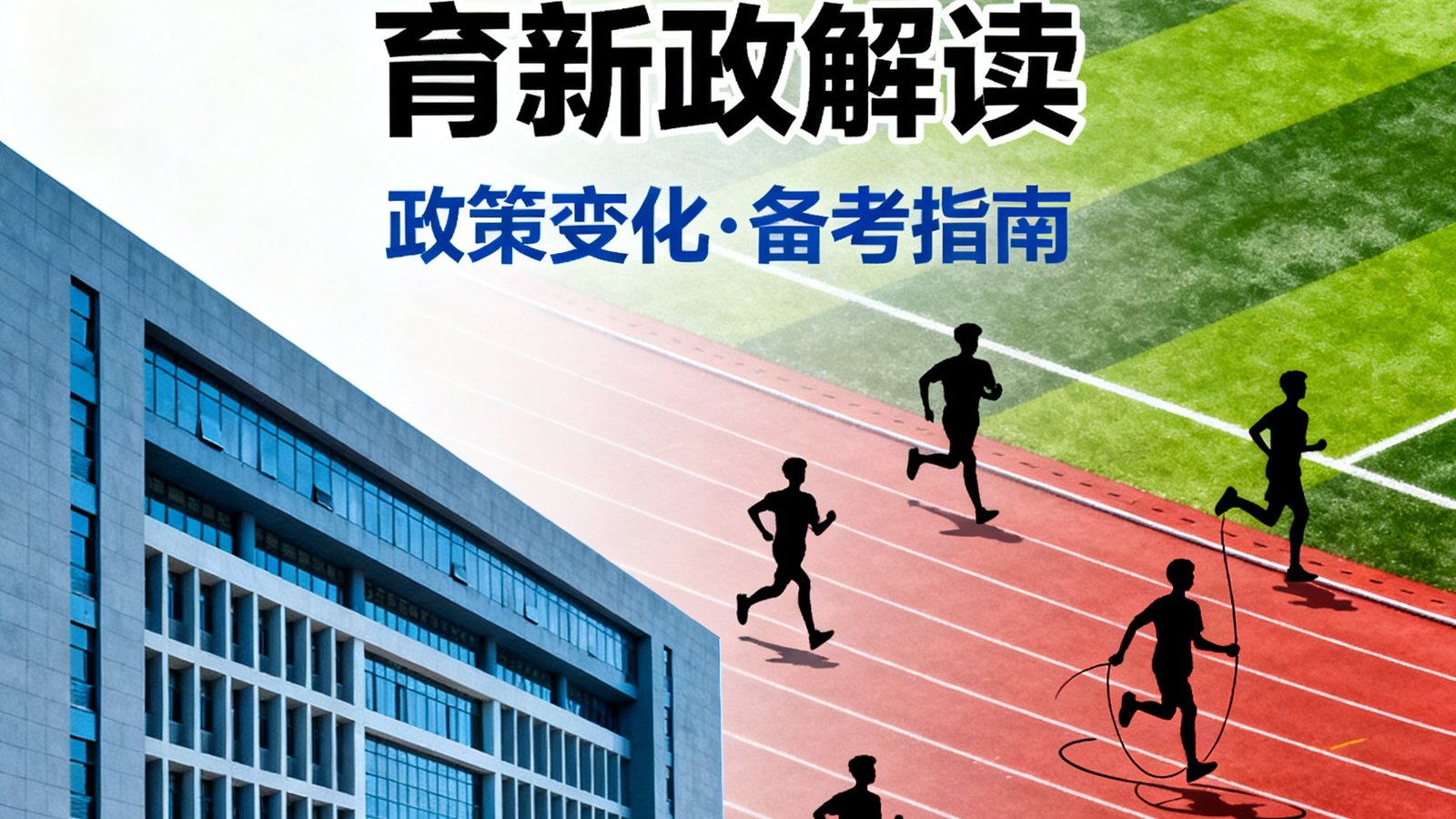 一篇关于2025年中考体育新政解读的文章封面图，背景为教育部大楼和运动场拼接画面