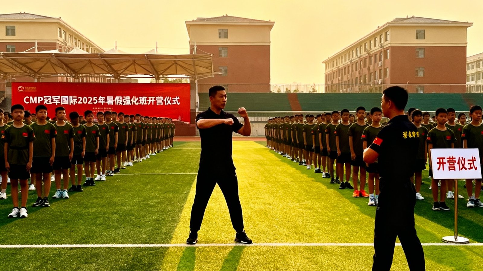 CMP冠军国际2025年暑假强化班开营仪式现场，数百名学员身穿统一训练服在操场上列队，教练团队在前方展示训练动作